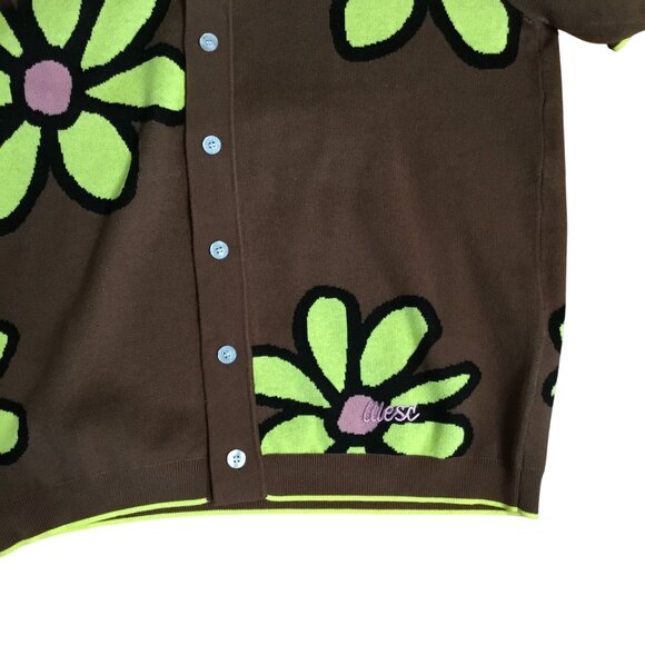 WESC Oversized Women Polo Collar Daisy Cardigan Shirt Brown Green Flowers XL NWT - Picture 6 of 10